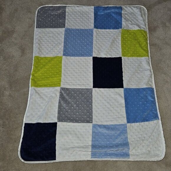 Just Born Patchwork Fleece Baby Blanket Blue Green Gray White Minky Dot 30x40 - Picture 3 of 6